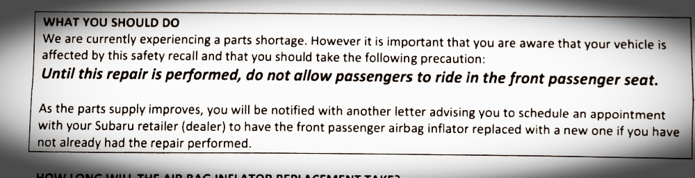 Recall warning - Do not drive with passenger in front seat!